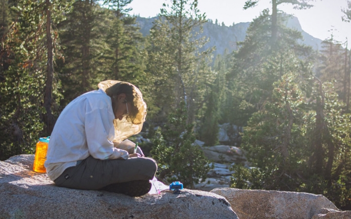 a person wearing a mosquito net sits on a rock while writing in a journal on an outward bound course for bipoc